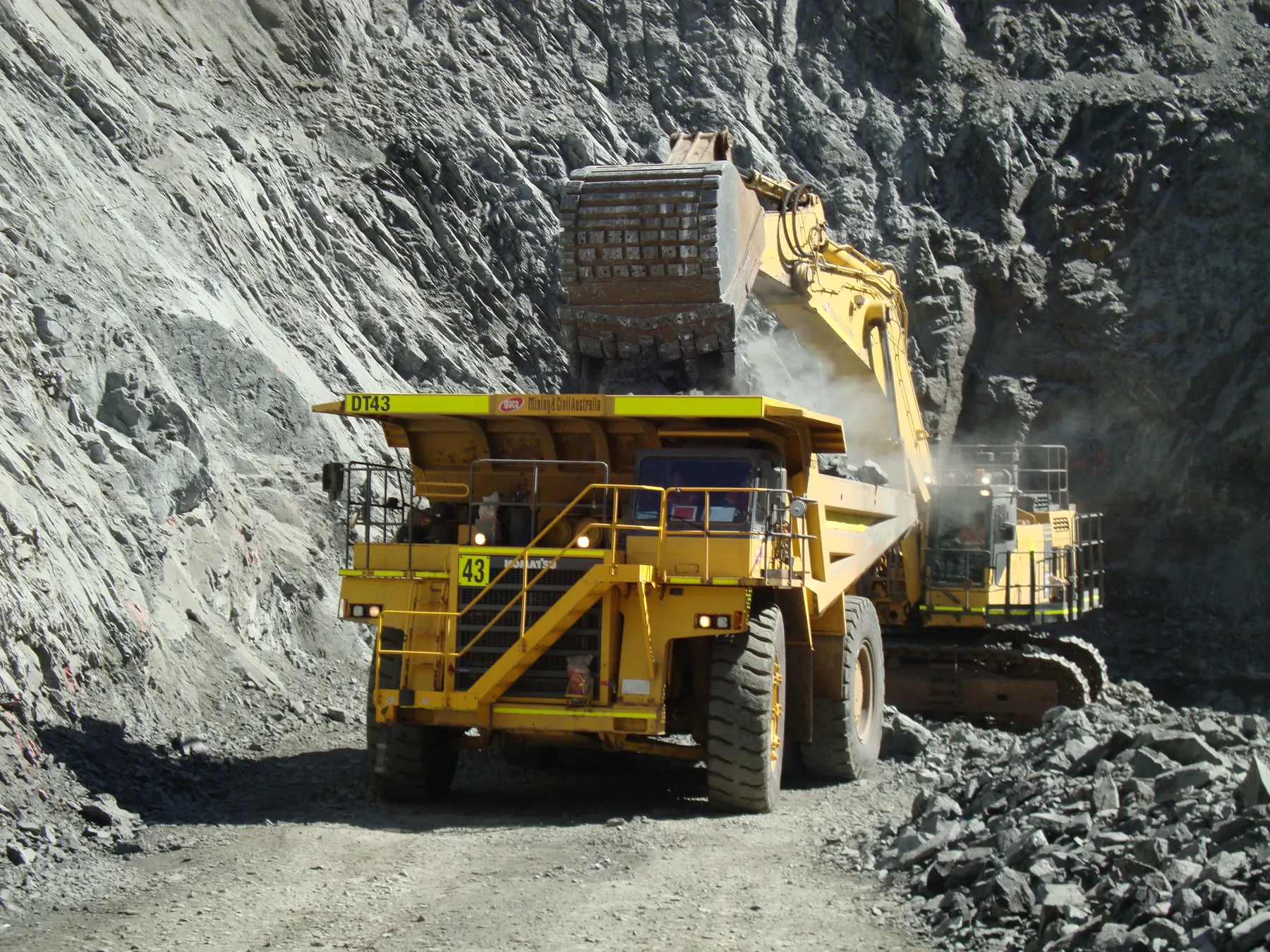 Excavator loading a haul truck in an open pit